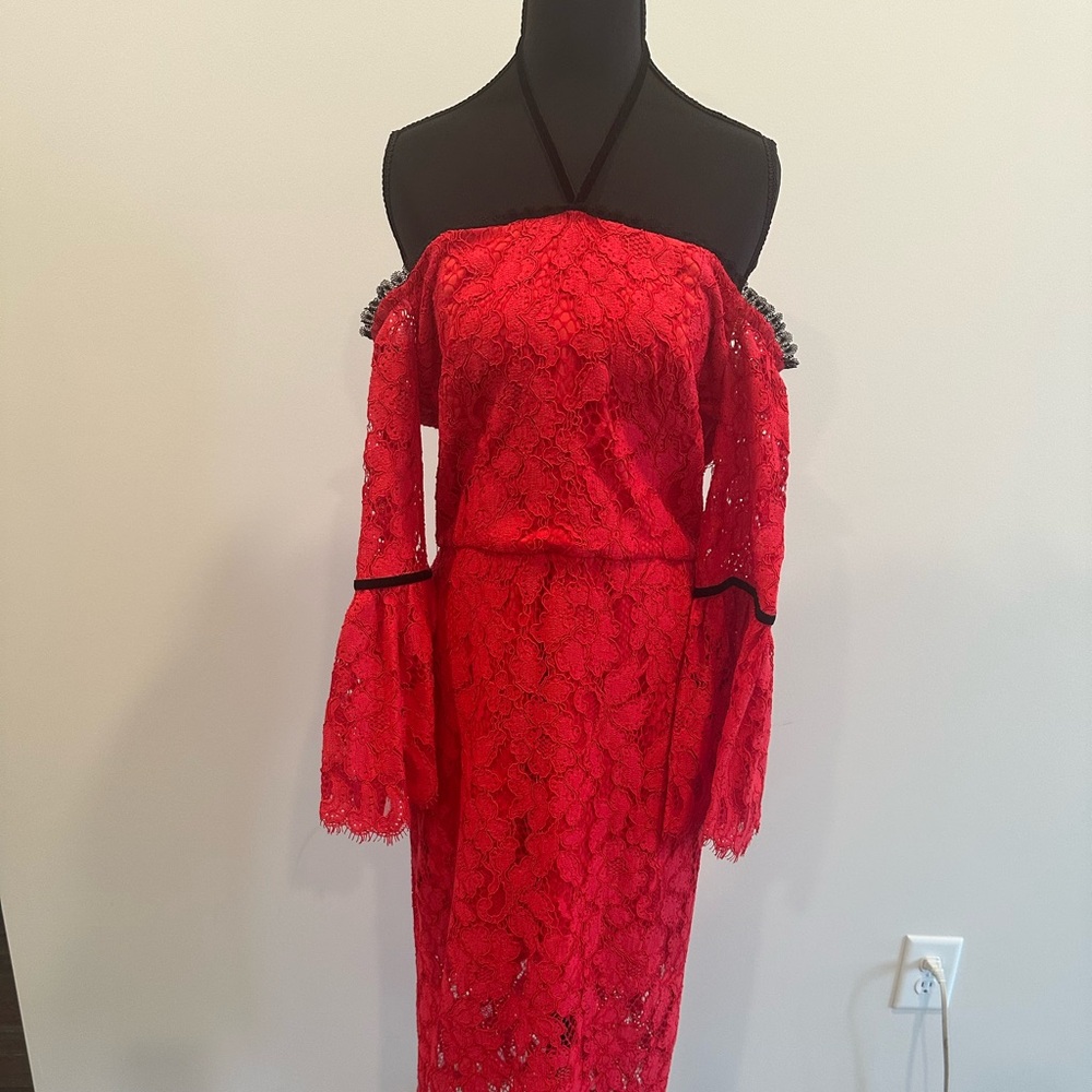 Alexis Red Asymmetrical Bishop Sleeve Gown